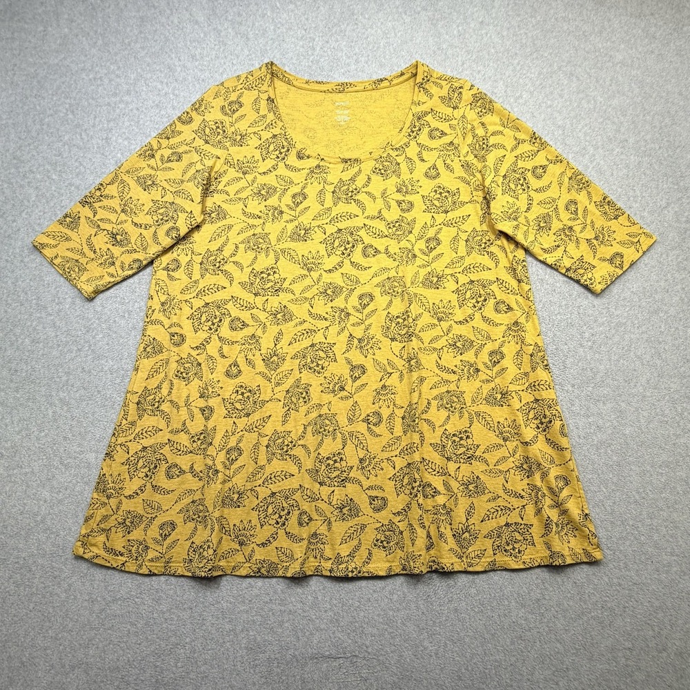 Pure Jill Ballet Sleeve Tunic Shirt Womens Petite XL Yellow Blue Floral Casual